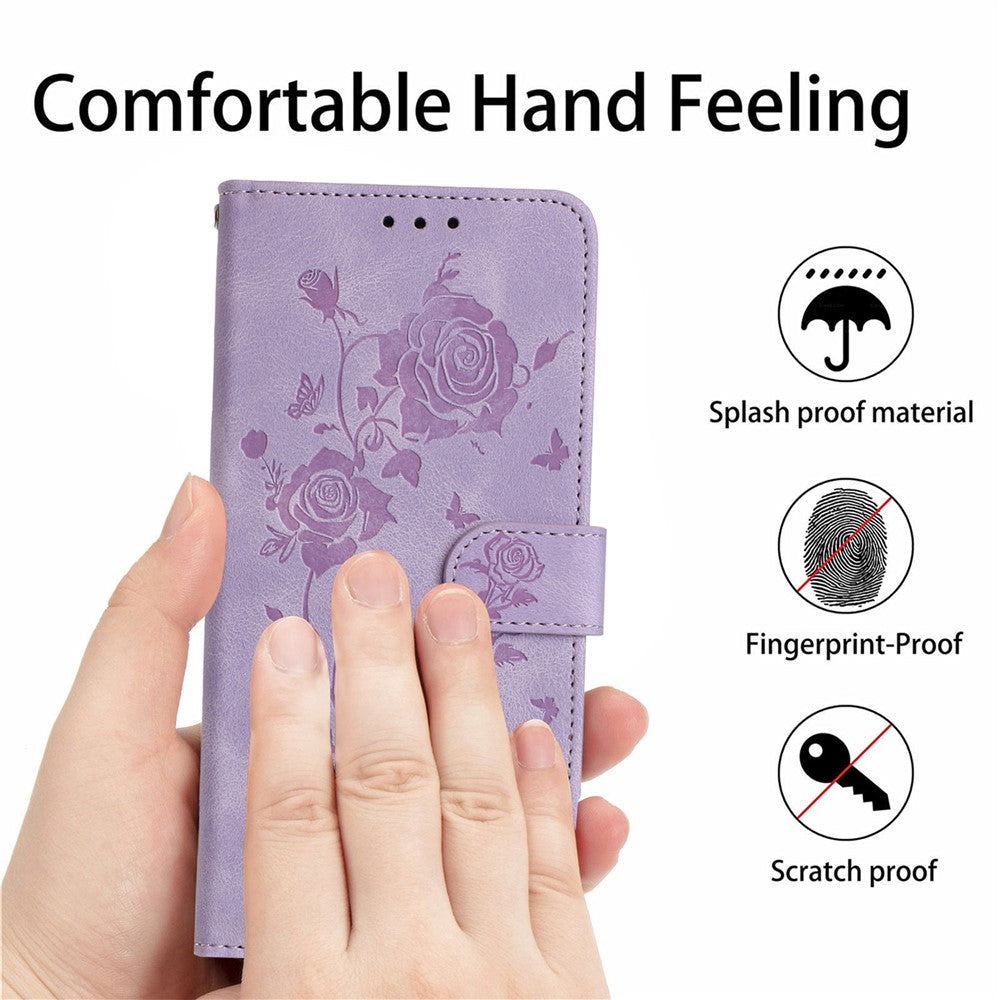 For iPhone 17 Pro Max Wallet Case Rose Pattern Imprinted Leather Flip Stand Phone Cover with Strap - Light Purple