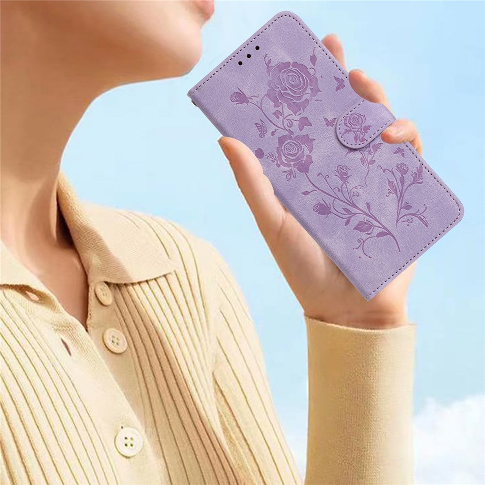 For iPhone 17 Pro Max Wallet Case Rose Pattern Imprinted Leather Flip Stand Phone Cover with Strap - Light Purple