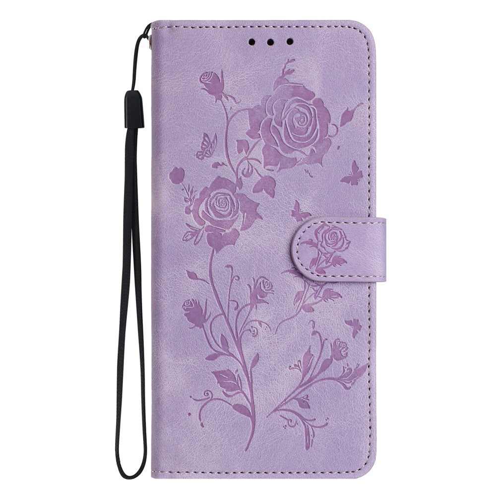 For iPhone 17 Pro Max Wallet Case Rose Pattern Imprinted Leather Flip Stand Phone Cover with Strap - Light Purple