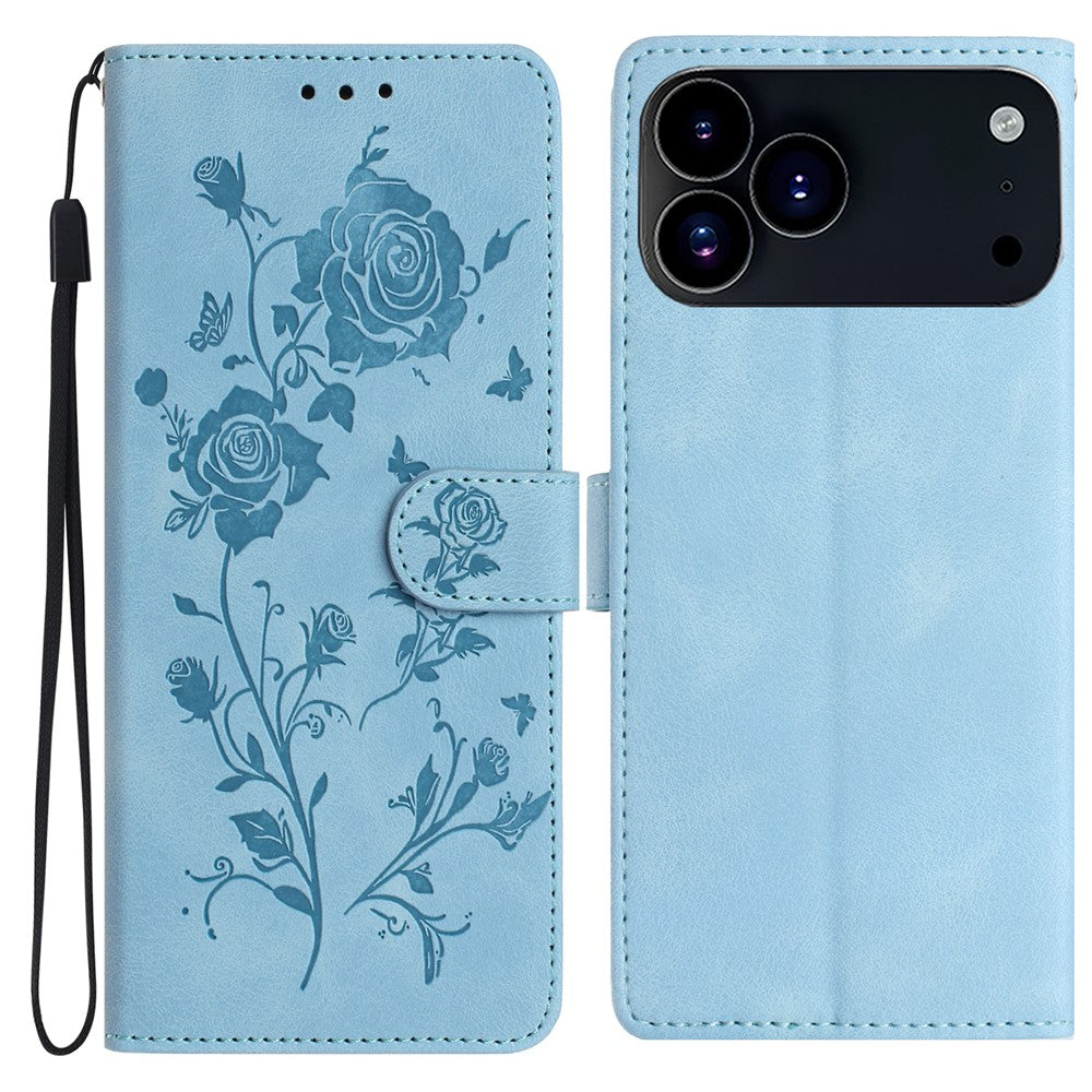 For iPhone 17 Pro Max Wallet Case Rose Pattern Imprinted Leather Flip Stand Phone Cover with Strap - Sky Blue