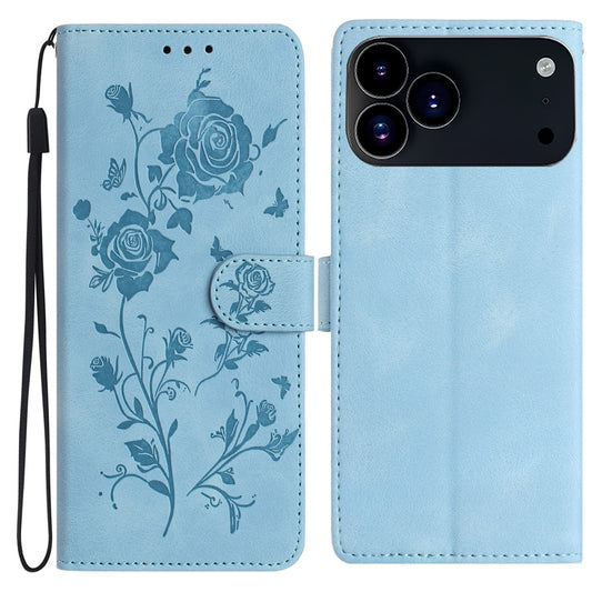 For iPhone 17 Pro Max Wallet Case Rose Pattern Imprinted Leather Flip Stand Phone Cover with Strap - Sky Blue