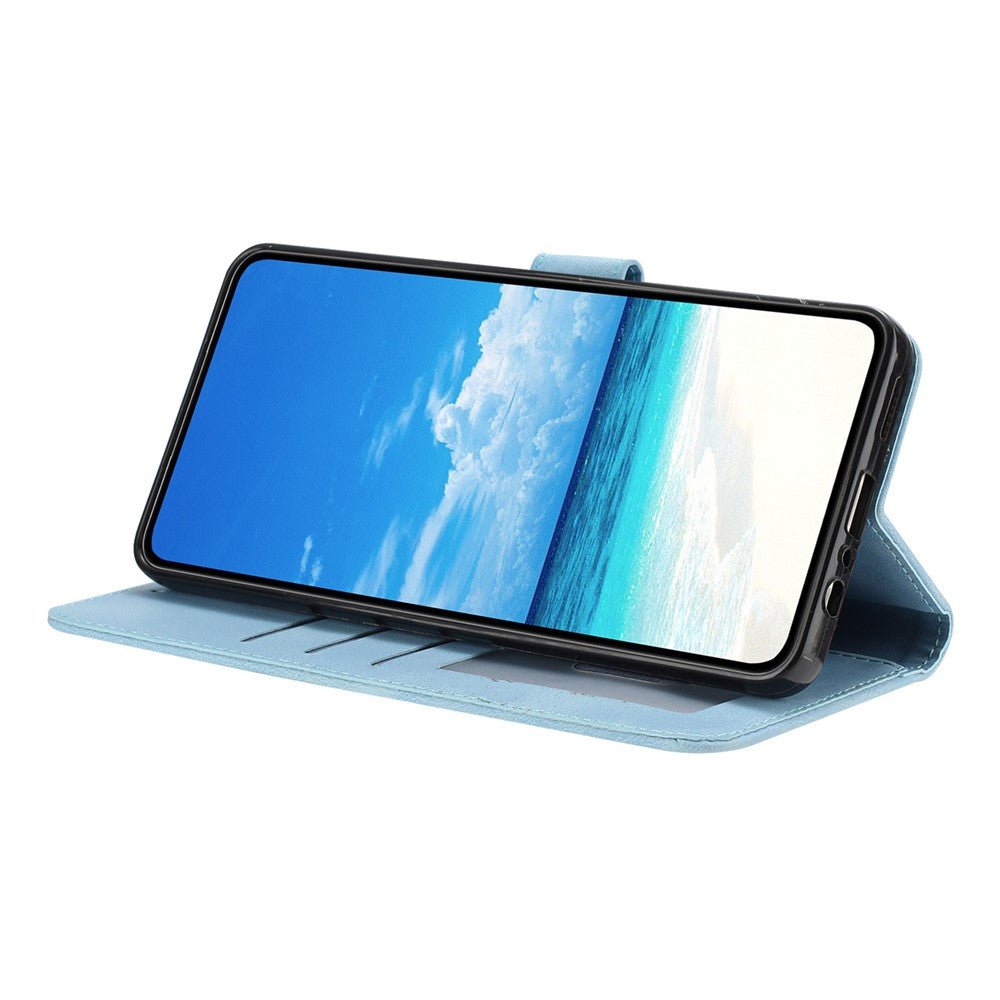 For iPhone 17 Pro Max Wallet Case Rose Pattern Imprinted Leather Flip Stand Phone Cover with Strap - Sky Blue