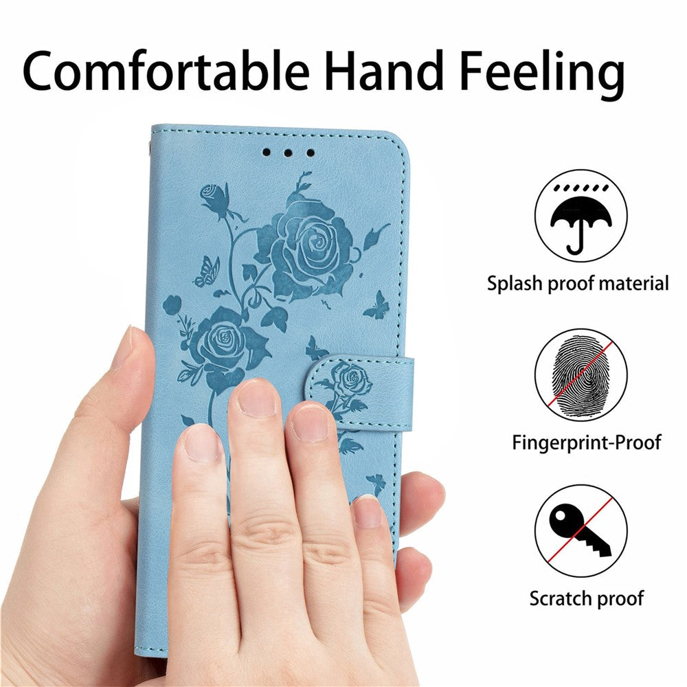 For iPhone 17 Pro Max Wallet Case Rose Pattern Imprinted Leather Flip Stand Phone Cover with Strap - Sky Blue