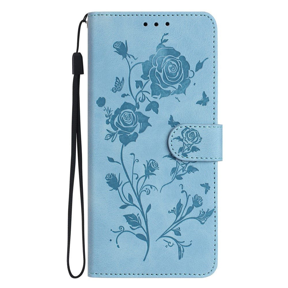 For iPhone 17 Pro Max Wallet Case Rose Pattern Imprinted Leather Flip Stand Phone Cover with Strap - Sky Blue