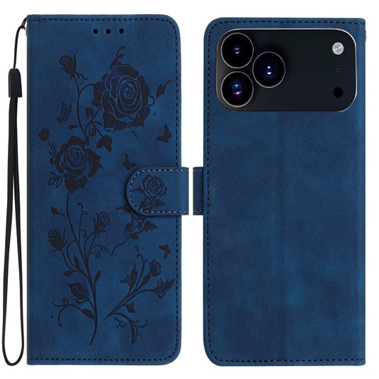 For iPhone 17 Pro Max Wallet Case Rose Pattern Imprinted Leather Flip Stand Phone Cover with Strap - Dark Blue
