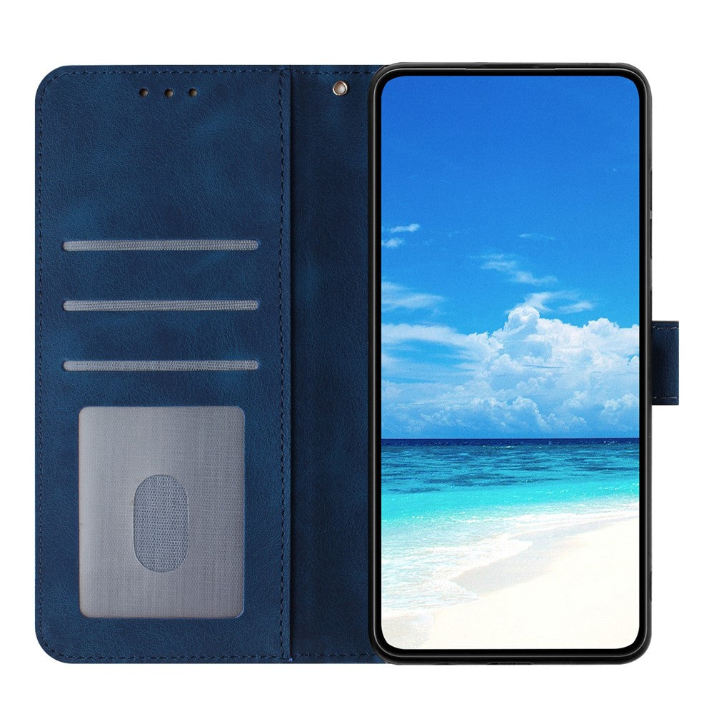 For iPhone 17 Pro Max Wallet Case Rose Pattern Imprinted Leather Flip Stand Phone Cover with Strap - Dark Blue