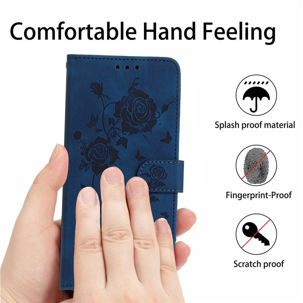 For iPhone 17 Pro Max Wallet Case Rose Pattern Imprinted Leather Flip Stand Phone Cover with Strap - Dark Blue