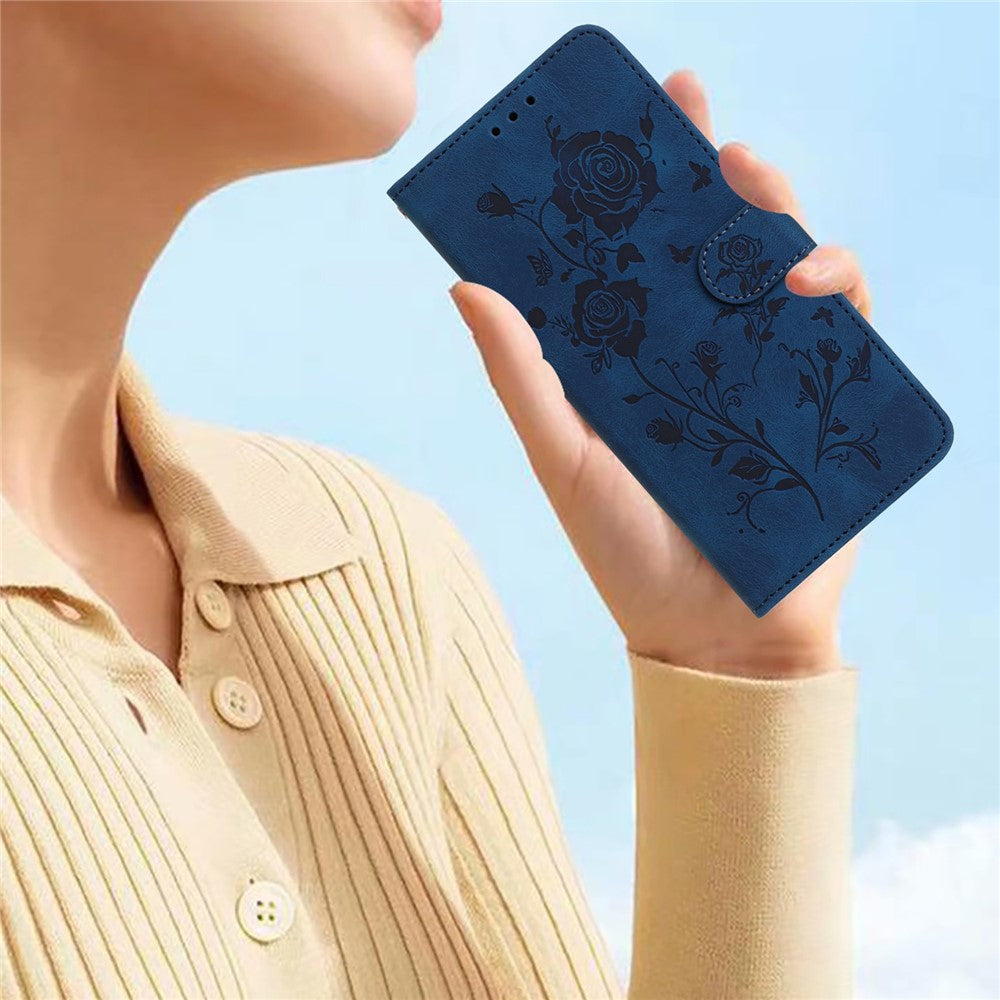 For iPhone 17 Pro Max Wallet Case Rose Pattern Imprinted Leather Flip Stand Phone Cover with Strap - Dark Blue