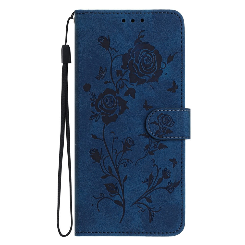 For iPhone 17 Pro Max Wallet Case Rose Pattern Imprinted Leather Flip Stand Phone Cover with Strap - Dark Blue