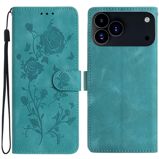For iPhone 17 Pro Max Wallet Case Rose Pattern Imprinted Leather Flip Stand Phone Cover with Strap - Green