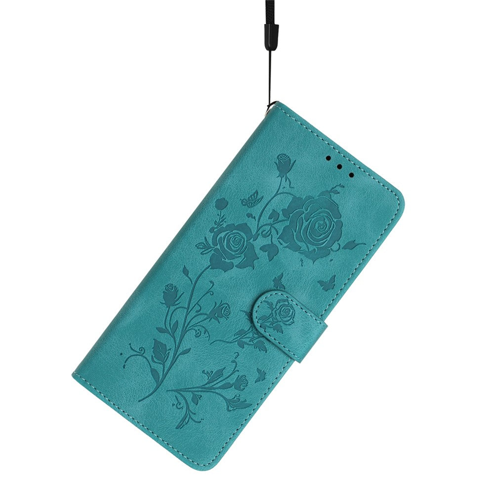 For iPhone 17 Pro Max Wallet Case Rose Pattern Imprinted Leather Flip Stand Phone Cover with Strap - Green