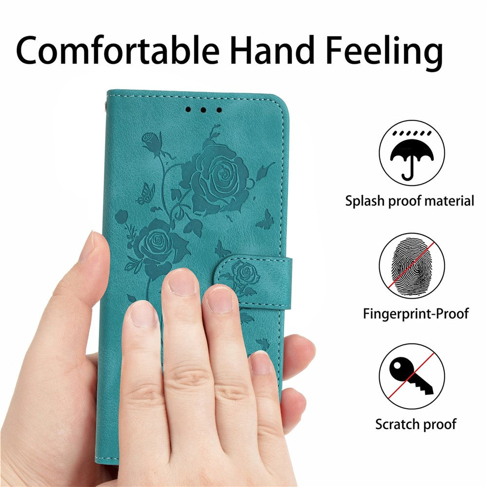 For iPhone 17 Pro Max Wallet Case Rose Pattern Imprinted Leather Flip Stand Phone Cover with Strap - Green