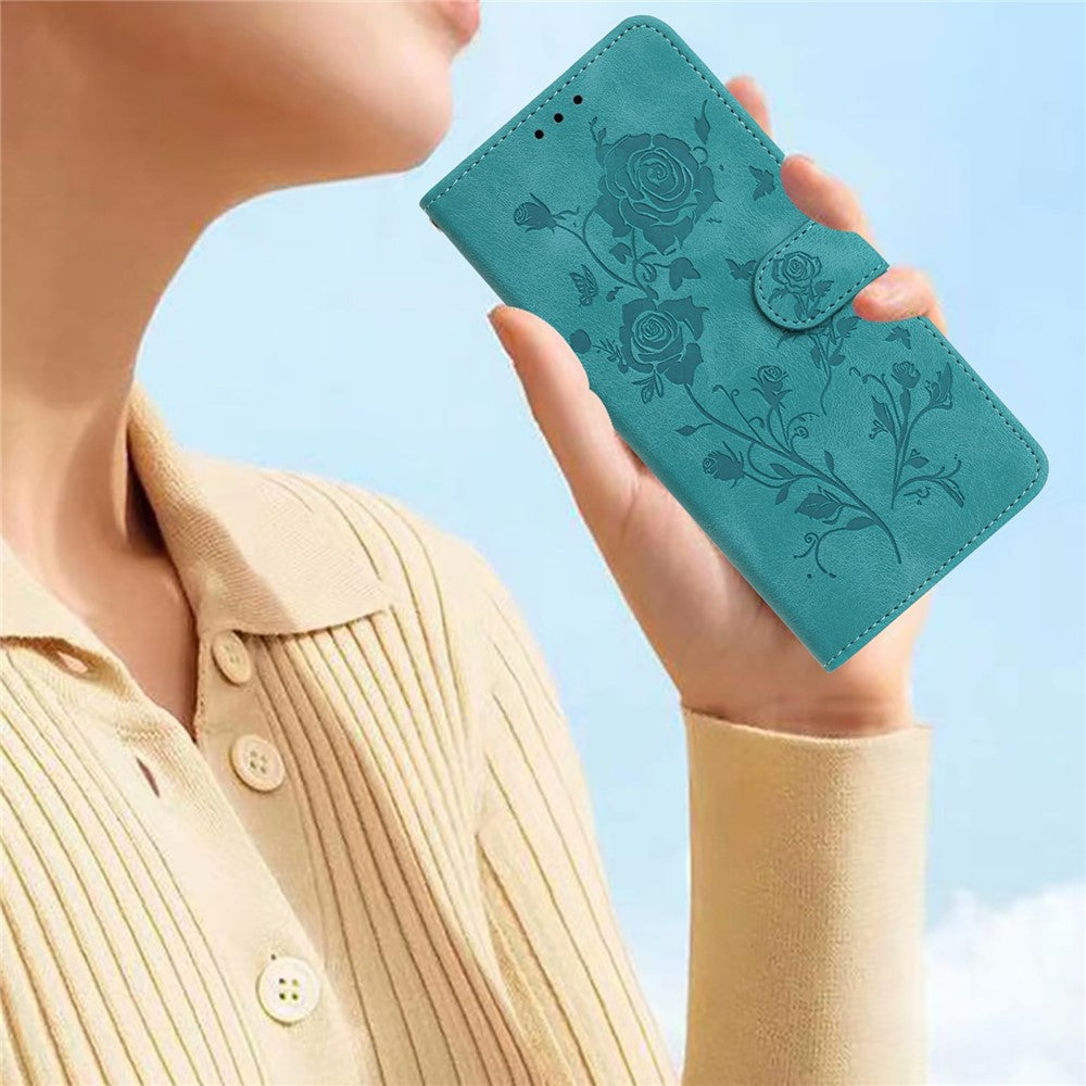 For iPhone 17 Pro Max Wallet Case Rose Pattern Imprinted Leather Flip Stand Phone Cover with Strap - Green