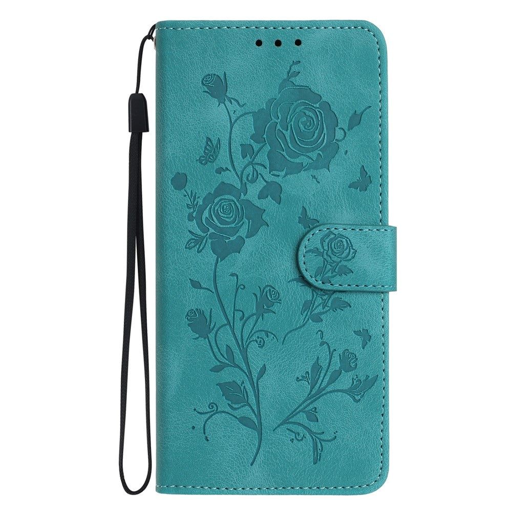 For iPhone 17 Pro Max Wallet Case Rose Pattern Imprinted Leather Flip Stand Phone Cover with Strap - Green