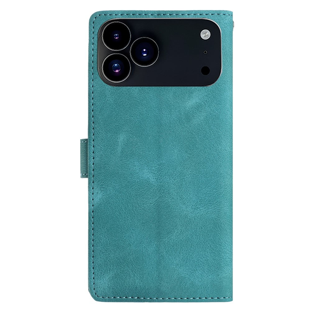For iPhone 17 Pro Max Wallet Case Rose Pattern Imprinted Leather Flip Stand Phone Cover with Strap - Green