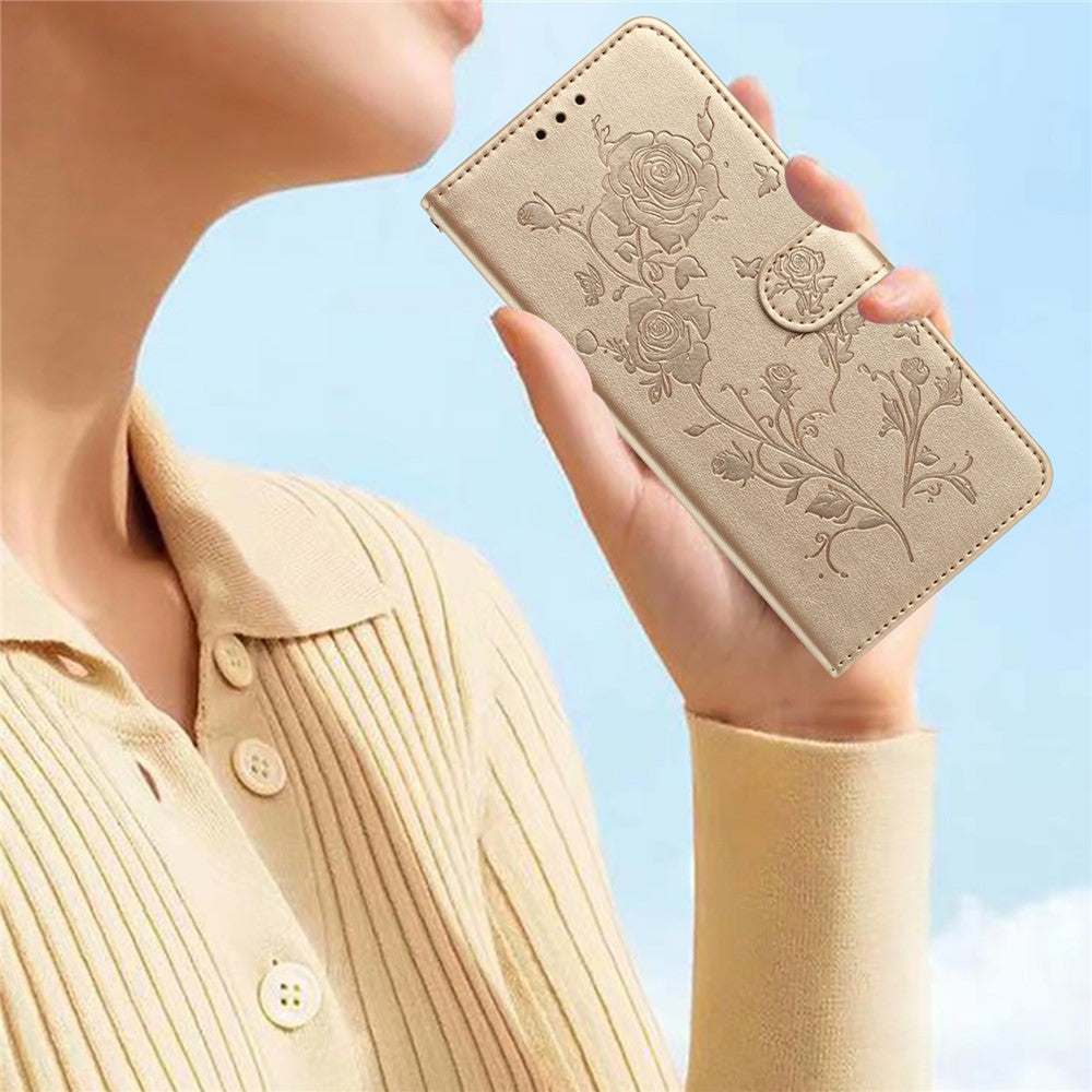 For iPhone 17 Pro Max Wallet Case Rose Pattern Imprinted Leather Flip Stand Phone Cover with Strap - Gold