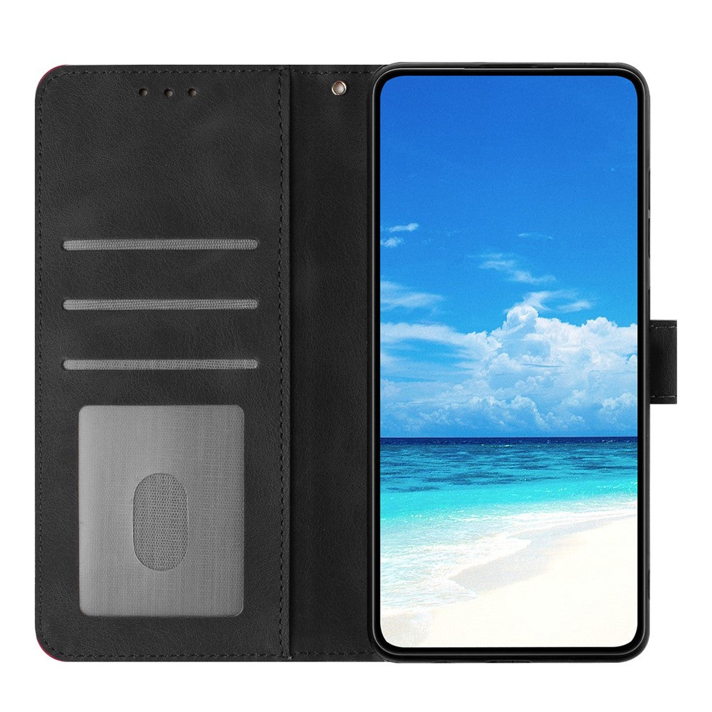 For iPhone 17 Pro Max Wallet Case Rose Pattern Imprinted Leather Flip Stand Phone Cover with Strap - Black