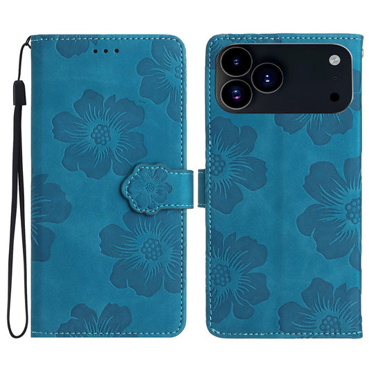 For iPhone 17 Pro Max Case Flower Design Leather Wallet Phone Cover with Wrist Strap - Blue