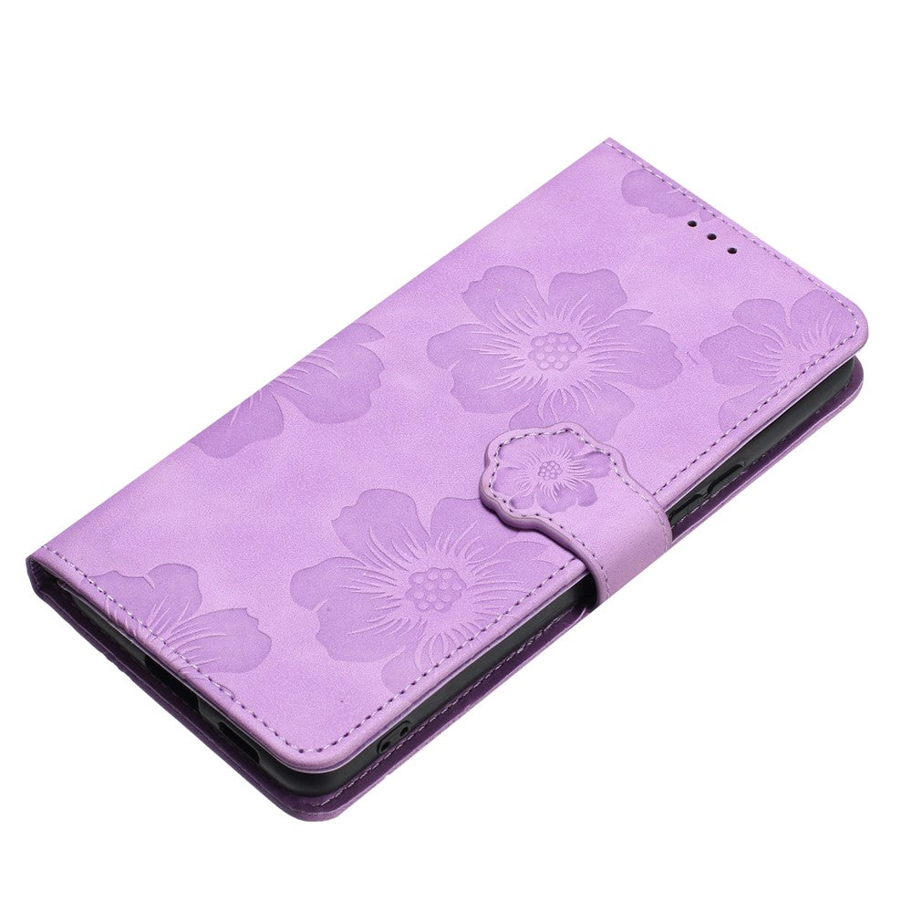 For iPhone 17 Pro Max Case Flower Design Leather Wallet Phone Cover with Wrist Strap - Purple