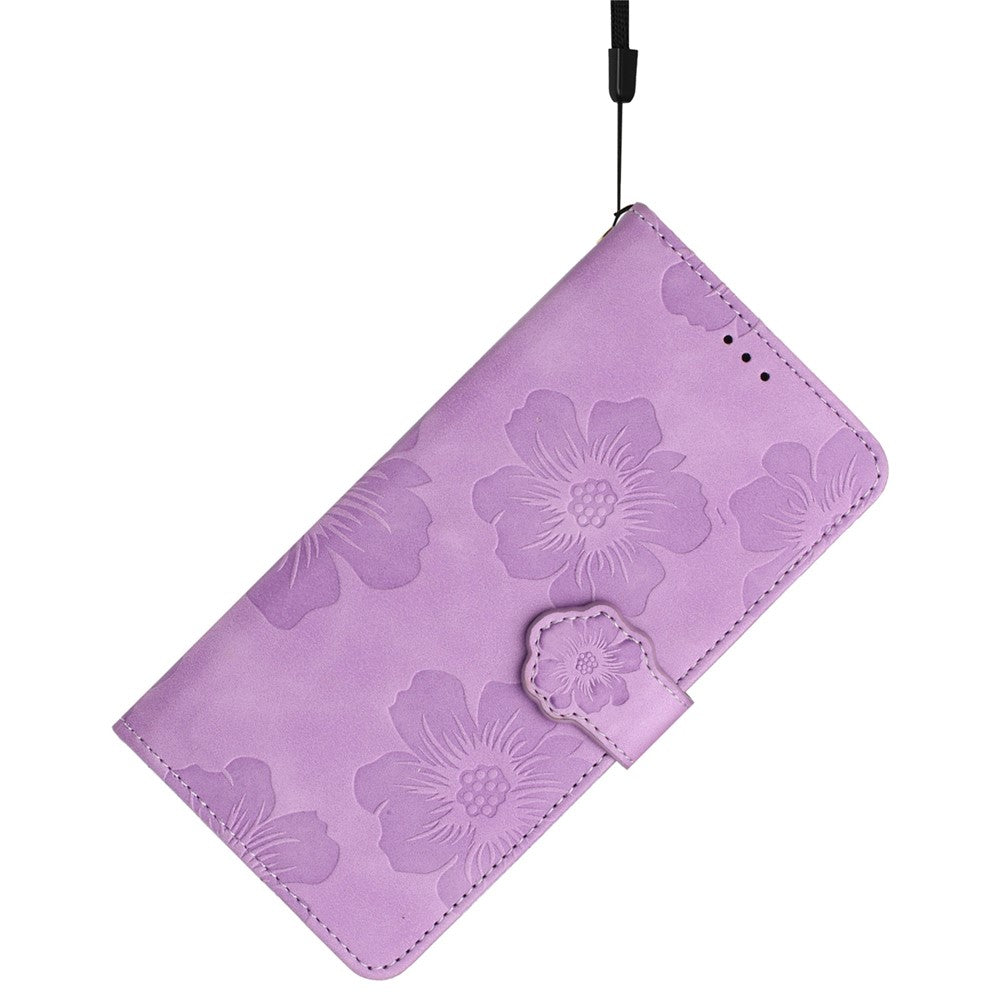 For iPhone 17 Pro Max Case Flower Design Leather Wallet Phone Cover with Wrist Strap - Purple