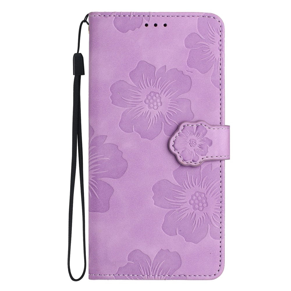 For iPhone 17 Pro Max Case Flower Design Leather Wallet Phone Cover with Wrist Strap - Purple