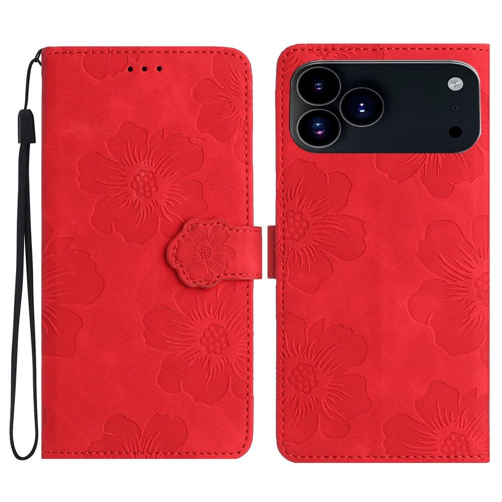 For iPhone 17 Pro Max Case Flower Design Leather Wallet Phone Cover with Wrist Strap - Red