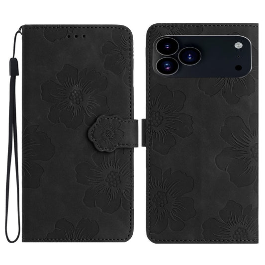 For iPhone 17 Pro Max Case Flower Design Leather Wallet Phone Cover with Wrist Strap - Black