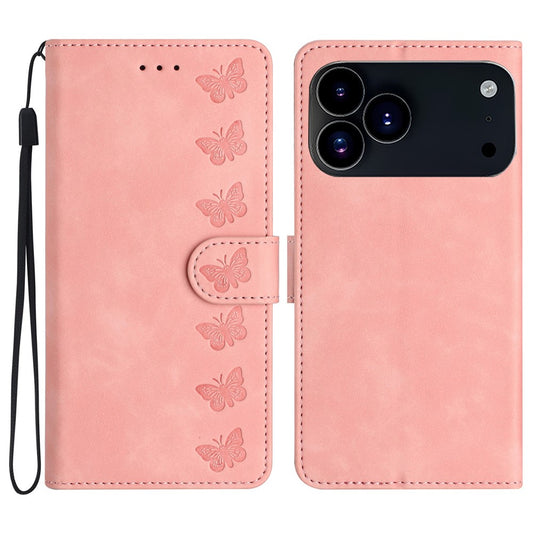For iPhone 17 Pro Max Case Imprinted Butterfly Leather Wallet Phone Cover with Hand Strap - Pink