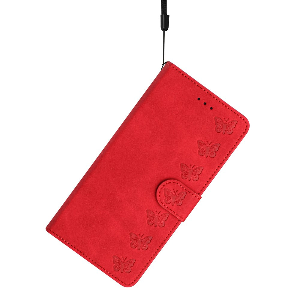 For iPhone 17 Pro Max Case Imprinted Butterfly Leather Wallet Phone Cover with Hand Strap - Red