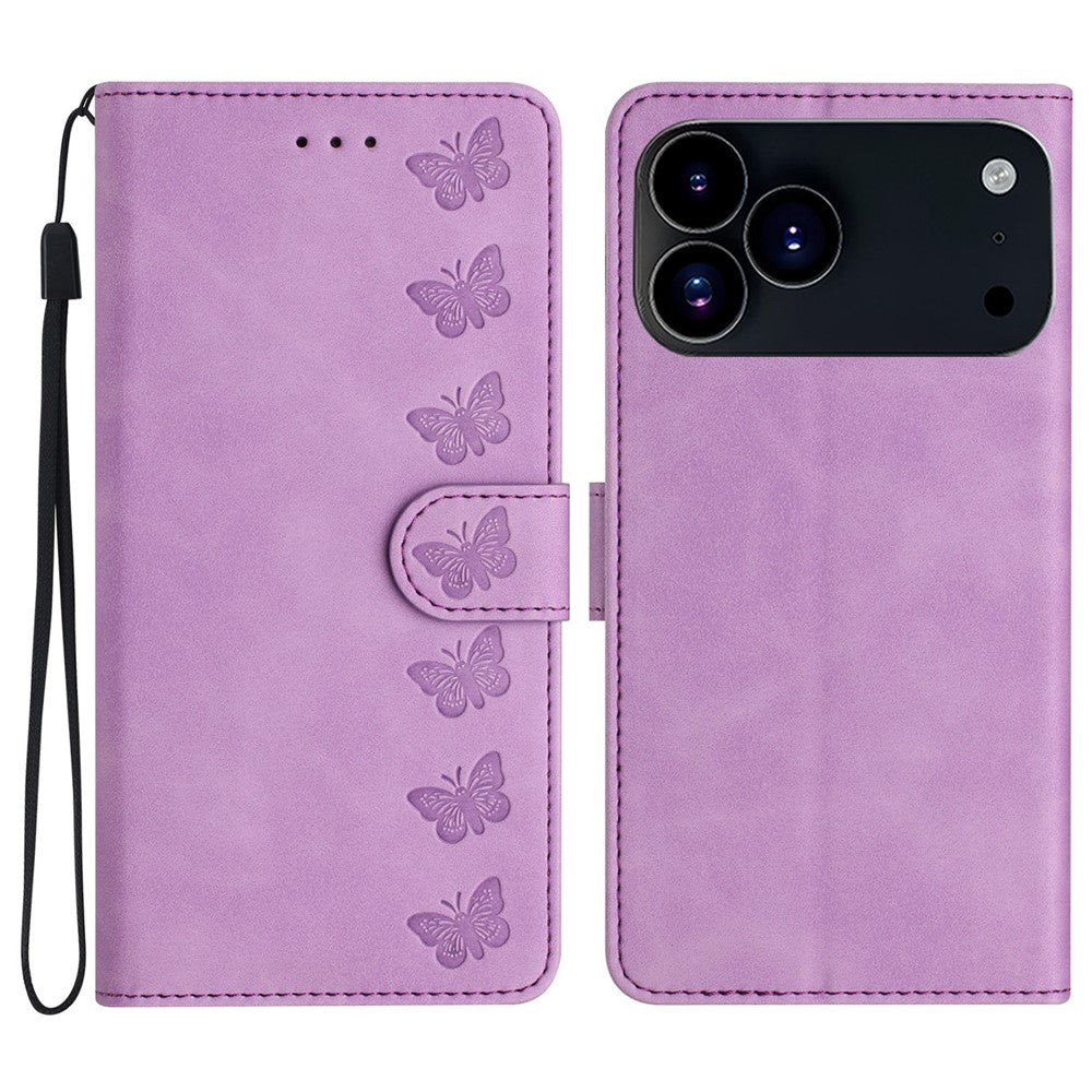 For iPhone 17 Pro Max Case Imprinted Butterfly Leather Wallet Phone Cover with Hand Strap - Purple