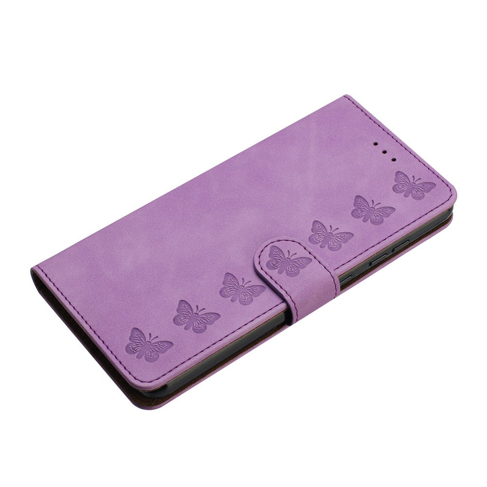 For iPhone 17 Pro Max Case Imprinted Butterfly Leather Wallet Phone Cover with Hand Strap - Purple
