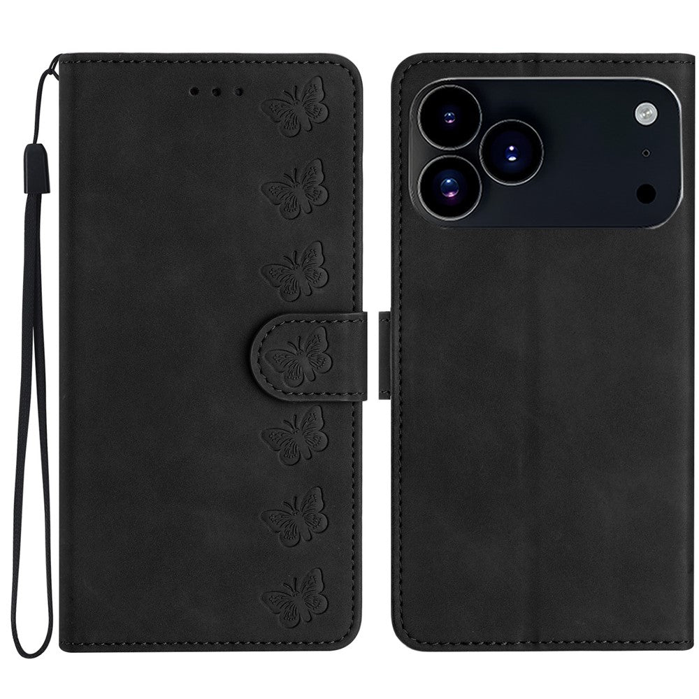 For iPhone 17 Pro Max Case Imprinted Butterfly Leather Wallet Phone Cover with Hand Strap - Black