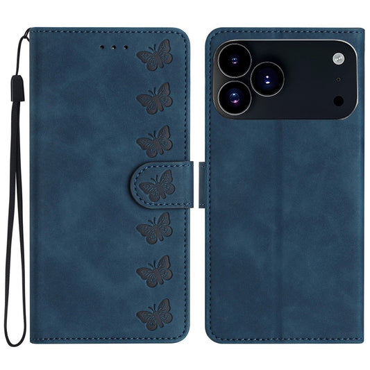 For iPhone 17 Pro Max Case Imprinted Butterfly Leather Wallet Phone Cover with Hand Strap - Blue