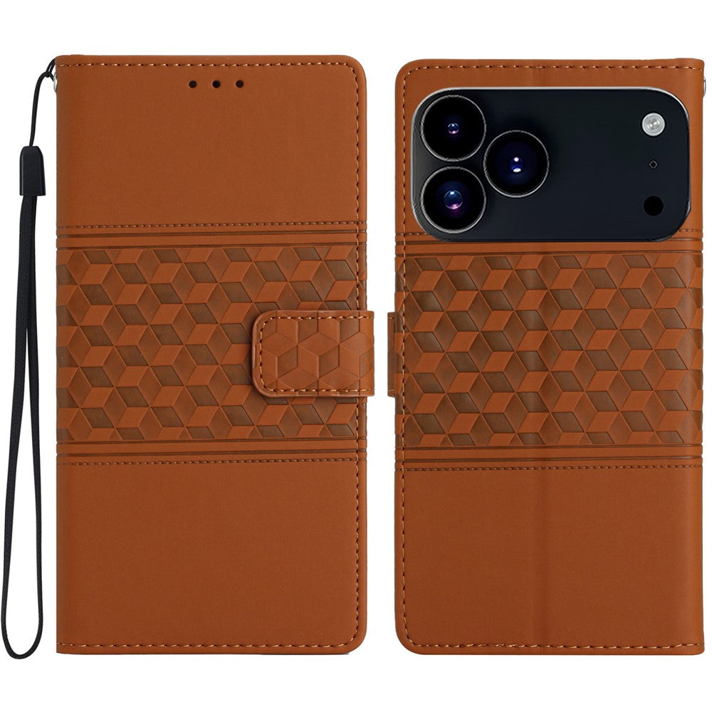For iPhone 17 Pro Max Case Rhombus Leather Horizontal Flip Phone Cover with Wrist Strap - Brown