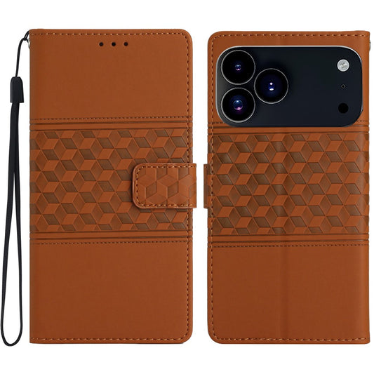For iPhone 17 Pro Max Case Rhombus Leather Horizontal Flip Phone Cover with Wrist Strap - Brown