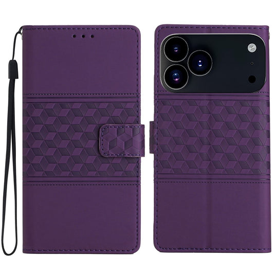 For iPhone 17 Pro Max Case Rhombus Leather Horizontal Flip Phone Cover with Wrist Strap - Purple