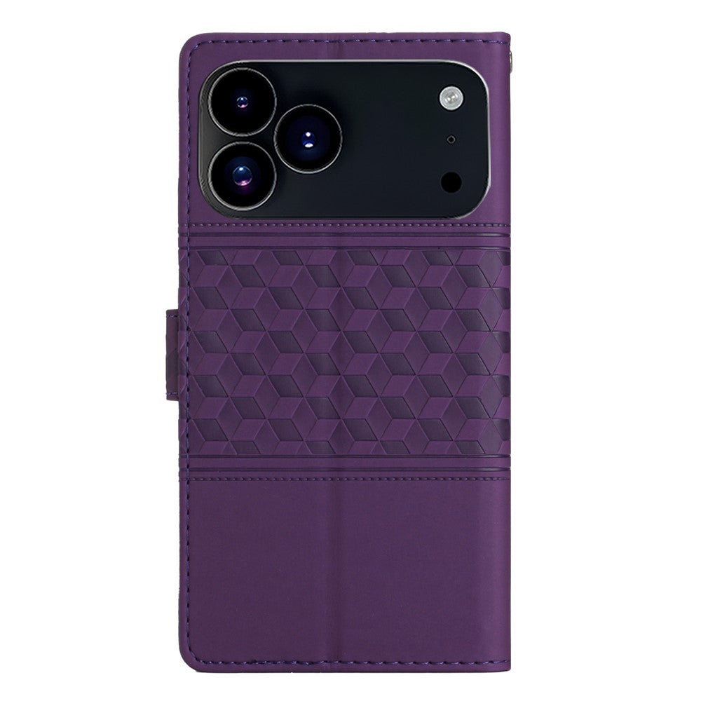For iPhone 17 Pro Max Case Rhombus Leather Horizontal Flip Phone Cover with Wrist Strap - Purple
