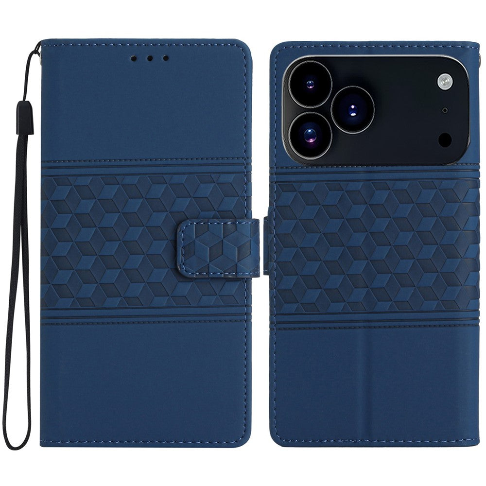 For iPhone 17 Pro Max Case Rhombus Leather Horizontal Flip Phone Cover with Wrist Strap - Blue