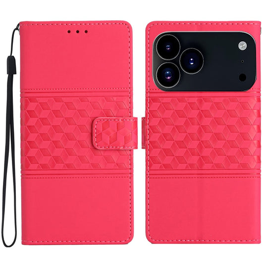 For iPhone 17 Pro Max Case Rhombus Leather Horizontal Flip Phone Cover with Wrist Strap - Rose