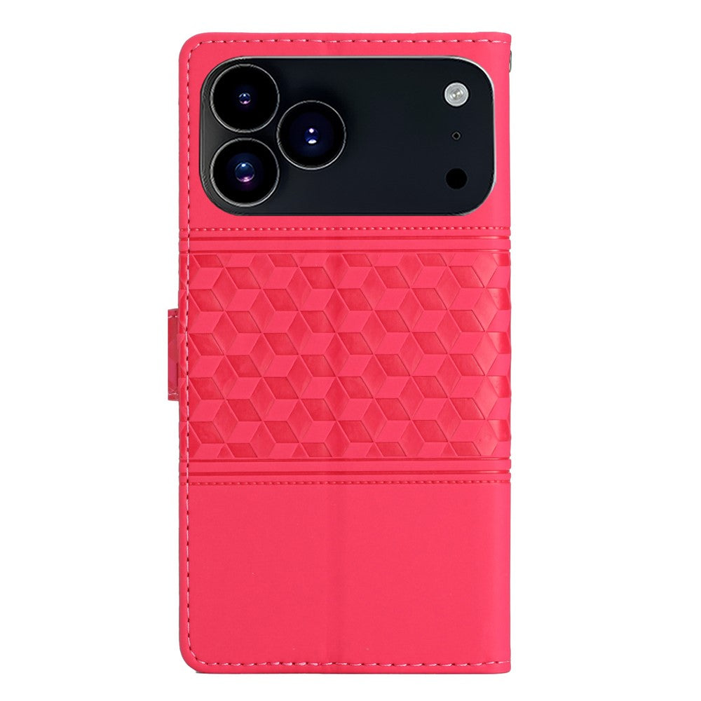 For iPhone 17 Pro Max Case Rhombus Leather Horizontal Flip Phone Cover with Wrist Strap - Rose