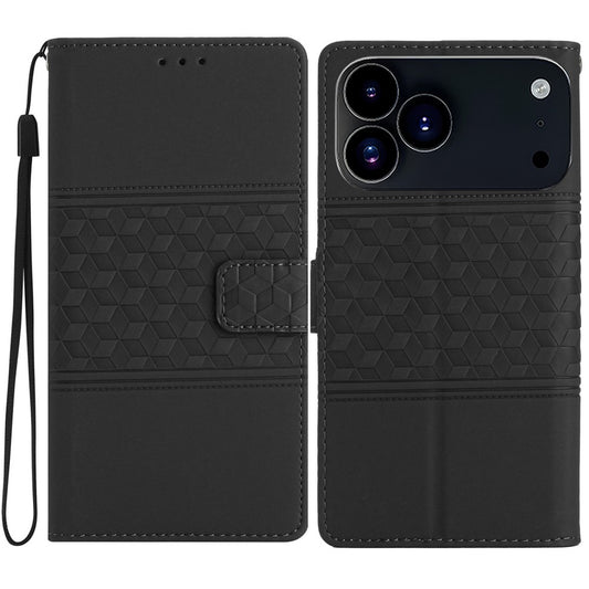 For iPhone 17 Pro Max Case Rhombus Leather Horizontal Flip Phone Cover with Wrist Strap - Black