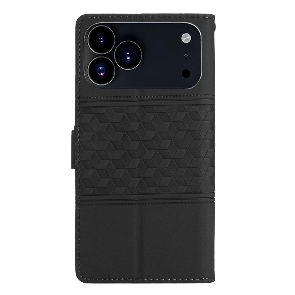 For iPhone 17 Pro Max Case Rhombus Leather Horizontal Flip Phone Cover with Wrist Strap - Black