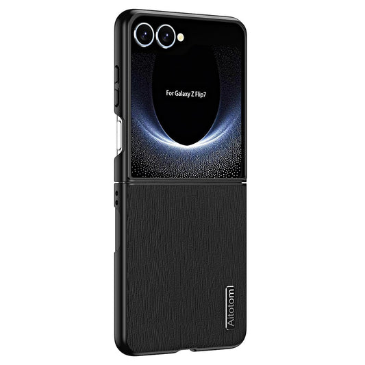 For Samsung Galaxy Z Flip7 5G Case Wood Texture PU Leather Coated PC TPU Phone Cover - Black