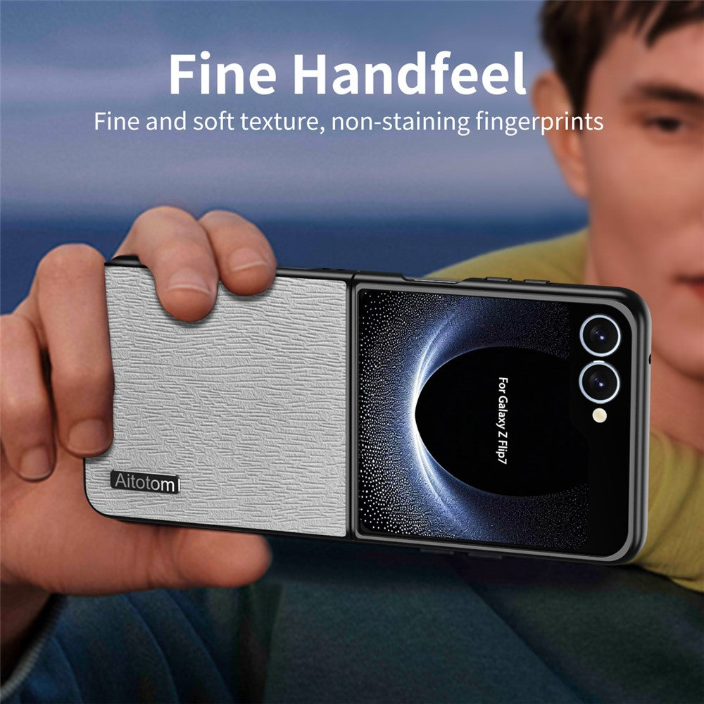 For Samsung Galaxy Z Flip7 5G Case Wood Texture PU Leather Coated PC TPU Phone Cover - Black