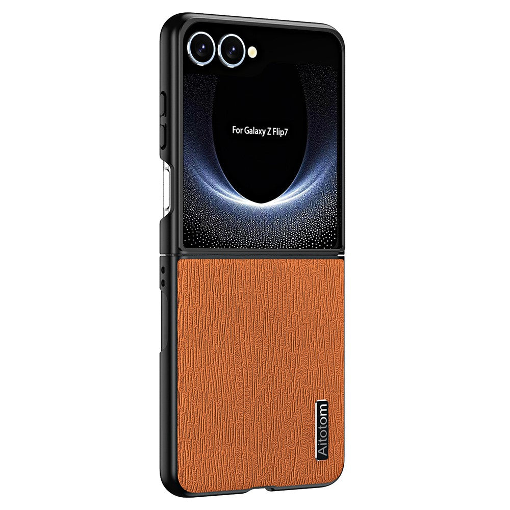 For Samsung Galaxy Z Flip7 5G Case Wood Texture PU Leather Coated PC TPU Phone Cover - Brown