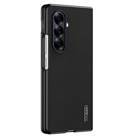 For Samsung Galaxy Z Fold7 5G Case Wood Texture PU Leather Coated PC TPU Phone Cover - Black