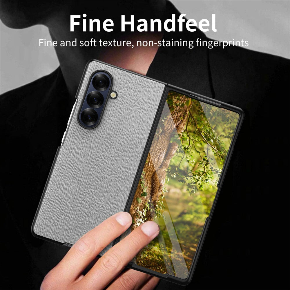 For Samsung Galaxy Z Fold7 5G Case Wood Texture PU Leather Coated PC TPU Phone Cover - Grey
