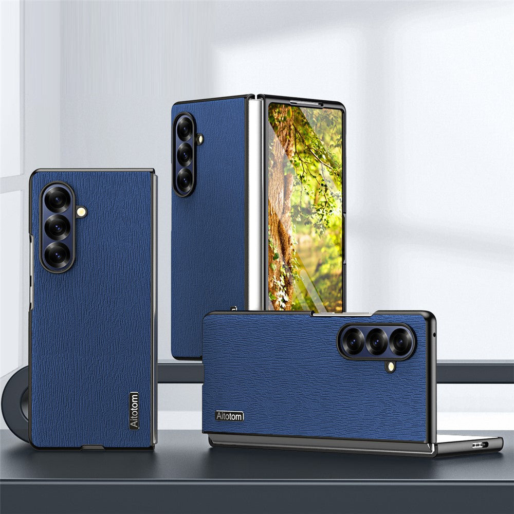 For Samsung Galaxy Z Fold7 5G Case Wood Texture PU Leather Coated PC TPU Phone Cover - Blue