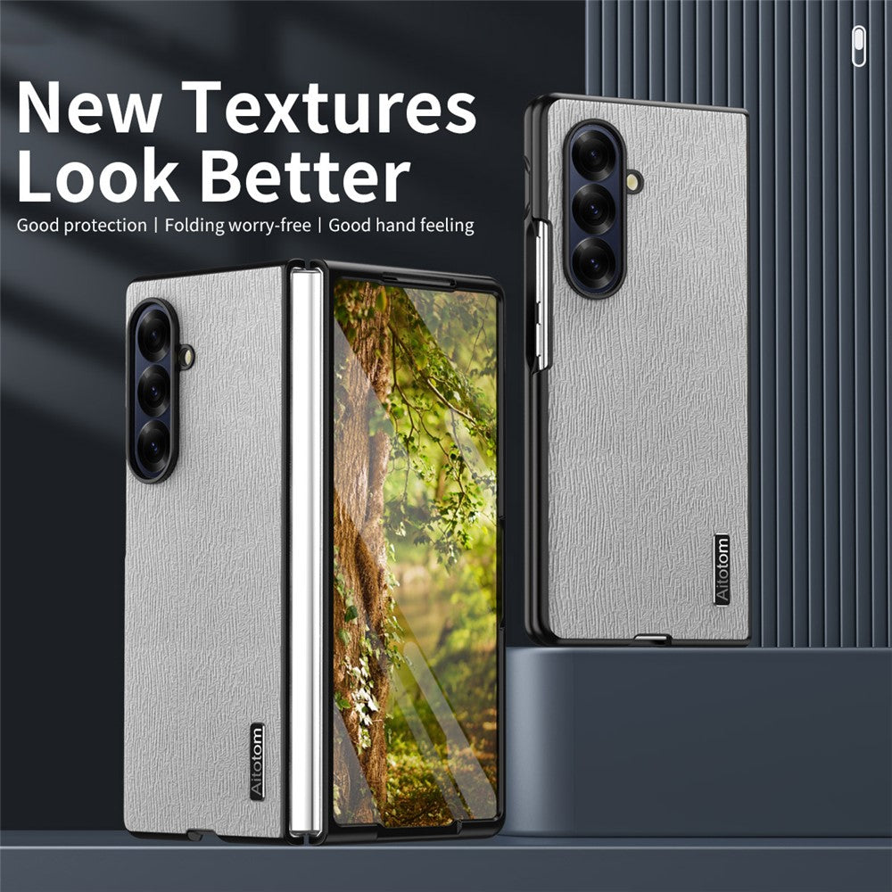 For Samsung Galaxy Z Fold7 5G Case Wood Texture PU Leather Coated PC TPU Phone Cover - Blue