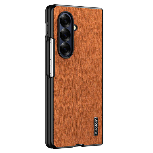 For Samsung Galaxy Z Fold7 5G Case Wood Texture PU Leather Coated PC TPU Phone Cover - Brown
